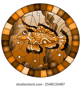 Illustration in stained glass style  mandarin fish on the background of water and algae, oval image inframe, tone brown