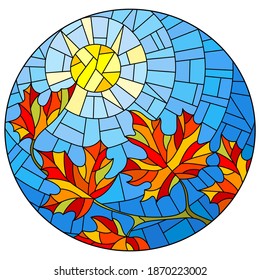 Illustration in stained glass style with a maple branch on a background of sky and sun, oval image
