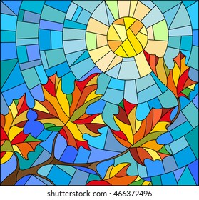 Illustration in stained glass style with maple leaves on background sky and sun