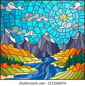 Illustration in stained glass style with the meandering river on a background of mountains, forests and Sunny sky,autumn landscape