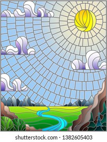 Illustration in stained glass style with the meandering river on a background of mountains, forests and Sunny sky