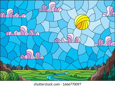 Illustration in stained glass style with the meandering river on a background of mountains, forests and Sunny sky