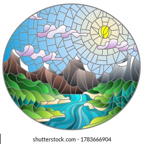 Illustration in stained glass style with the meandering river on a background of mountains, forests and Sunny sky, oval image