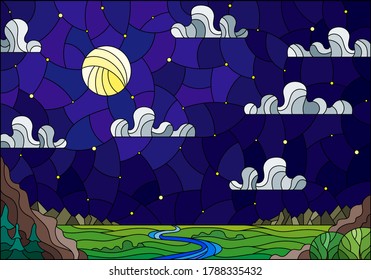 Illustration in stained glass style with the meandering river on a background of mountains, forests starry sky and moon