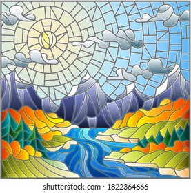 Illustration in stained glass style with the meandering river on a background of mountains, forests and Sunny sky,autumn landscape