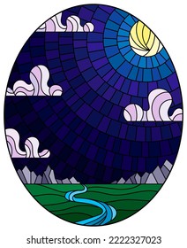 Illustration in stained glass style with the meandering river on a background of mountains, forests sky and moon, oval image