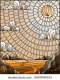Illustration in stained glass style with the meandering river on a background of mountains, forests and Sunny sky, tone brown