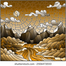 Illustration in stained glass style with the meandering river on a background of mountains, forests and starry sky, tone brown