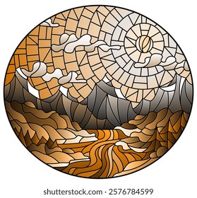 Illustration in stained glass style with the meandering river on a background of mountains, forests and Sunny sky, oval image, tone brown