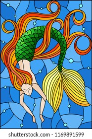 Illustration in stained glass style with mermaid with long red hair on water and air bubbles background