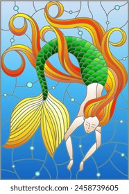 Illustration in stained glass style with mermaid with long red hair on water and air bubbles background
