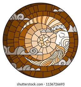 Illustration in stained glass style with moon on cloudy sky background, round image,,tone brown