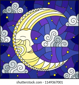 Illustration in stained glass style with moon on cloudy sky background, horizontal orientation