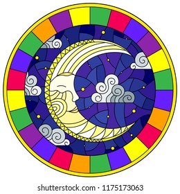 Illustration in stained glass style with moon on cloudy sky background, round image in bright frame 