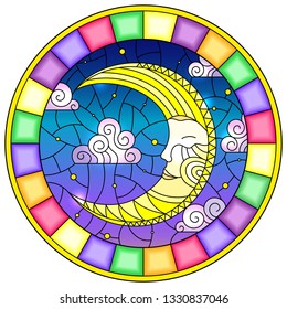 Illustration in stained glass style with moon on cloudy sky background, round image in bright frame 
