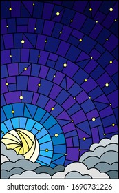 Illustration in stained glass style with moon and clouds on a starry night sky background