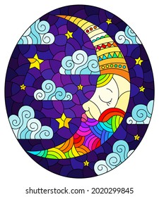 Illustration in stained glass style with moon on cloudy sky background, oval image