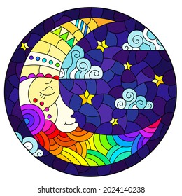 Illustration in stained glass style with moon on cloudy sky background, oval image
