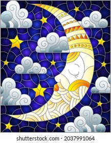 Illustration in stained glass style with moon on cloudy sky background, horizontal orientation