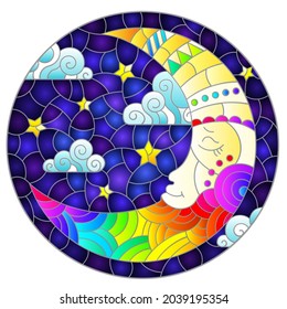 Illustration in stained glass style with moon on cloudy sky background, oval image