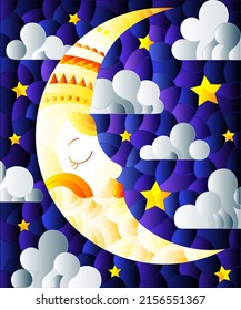 Illustration in stained glass style with moon on cloudy sky background, horizontal orientation