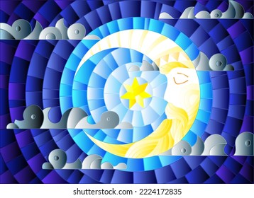 Illustration in stained glass style with moon on cloudy sky background, horizontal orientation