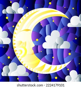 Illustration in stained glass style with moon on cloudy sky background, horizontal orientation