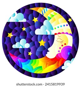 Illustration in stained glass style with moon on cloudy sky background, oval image