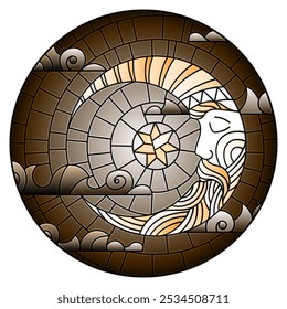 Illustration in stained glass style with moon on cloudy sky background, round image, tone brown