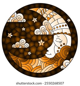 Illustration in stained glass style with moon on cloudy sky background, oval image, tone brown