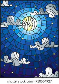 Illustration in stained glass style with the  moon with  against the starry sky and clouds