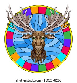 Illustration in stained glass style with moose head in round frame on white background