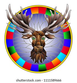 Illustration in stained glass style with moose head in round frame on white background