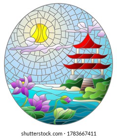 Illustration in stained glass style with a mountain landscape, an Eastern temple against the background of a Sunny sky and a lake with Lotus flowers