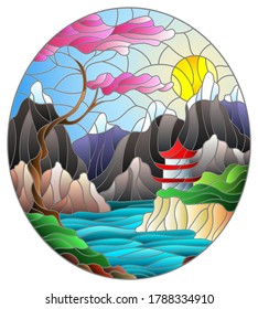 Illustration in stained glass style with a mountain landscape, an Eastern temple against the background of mountains, a Sunny sky and a lake