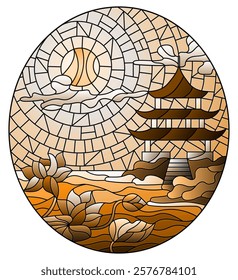 Illustration in stained glass style with a mountain landscape, an Eastern temple against the background of a Sunny sky and a lake with Lotus flowers, tone brown