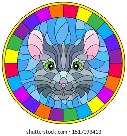 Illustration in stained glass style mouse head on blue background B round illustration in bright frame