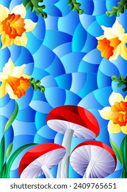 Illustration in stained glass style with mushrooms and flowers on a blue background