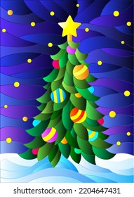Illustration in stained glass style for the new year, decorated Christmas tree with decorations on a background of snow and starry sky