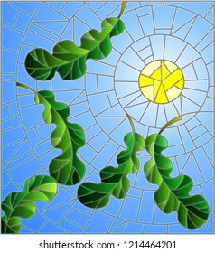 Illustration in stained glass style with oak leaves flying against the blue sky and sun