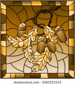 Illustration in stained glass style with oak branch with acorns and leaves leaf on sky background,in frame, tone brown