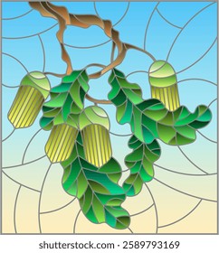 Illustration in stained glass style with oak branch with immature acorns and leaves leaf on blue background