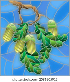 Illustration in stained glass style with oak branch with immature acorns and leaves leaf on blue background