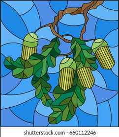 Illustration in stained glass style with oak branch with immature acorns and leaves leaf on blue background