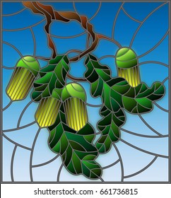 Illustration in stained glass style with oak branch with immature acorns and leaves leaf on blue background