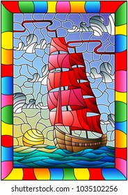 Illustration in stained glass style with an old ship sailing with red sails against the sea, sun and sky, seascape in a bright frame