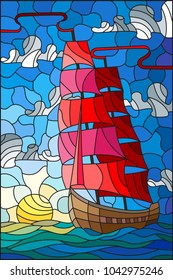 Illustration in stained glass style with an old ship sailing with red sails against the sea, sun and sky, seascape 