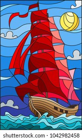 Illustration in stained glass style with an old ship sailing with red sails against the sea, sun and sky, seascape 