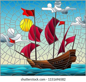 Illustration in stained glass style with an old ship sailing with red sails against the sea, sun and sky, seascape 