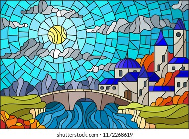 Illustration in stained glass style with the old town and bridge over a river with mountains in the background, the cloudy sky and sun,autumn landscape